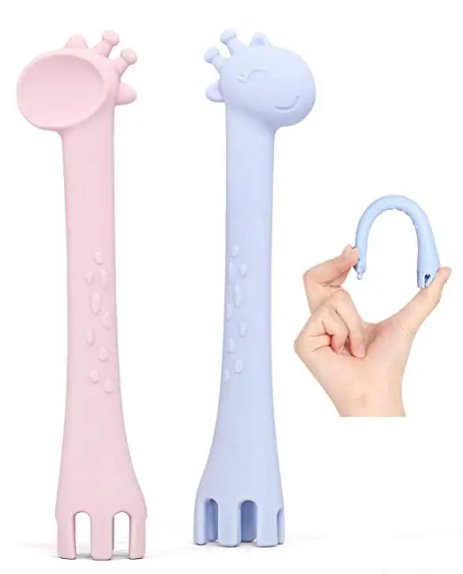 
Hot Sale New Product Kids silicone Baby Training Spoon, Food Grade Silicone Giraffe Teether Feeding Spoon & Fork 2-in-1 