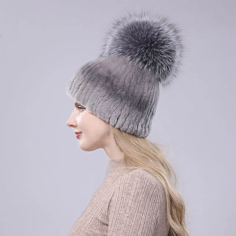 High Quality Hand-Stitched Rex Rabbit Fur Hat With Silver Fox Fur Ball
