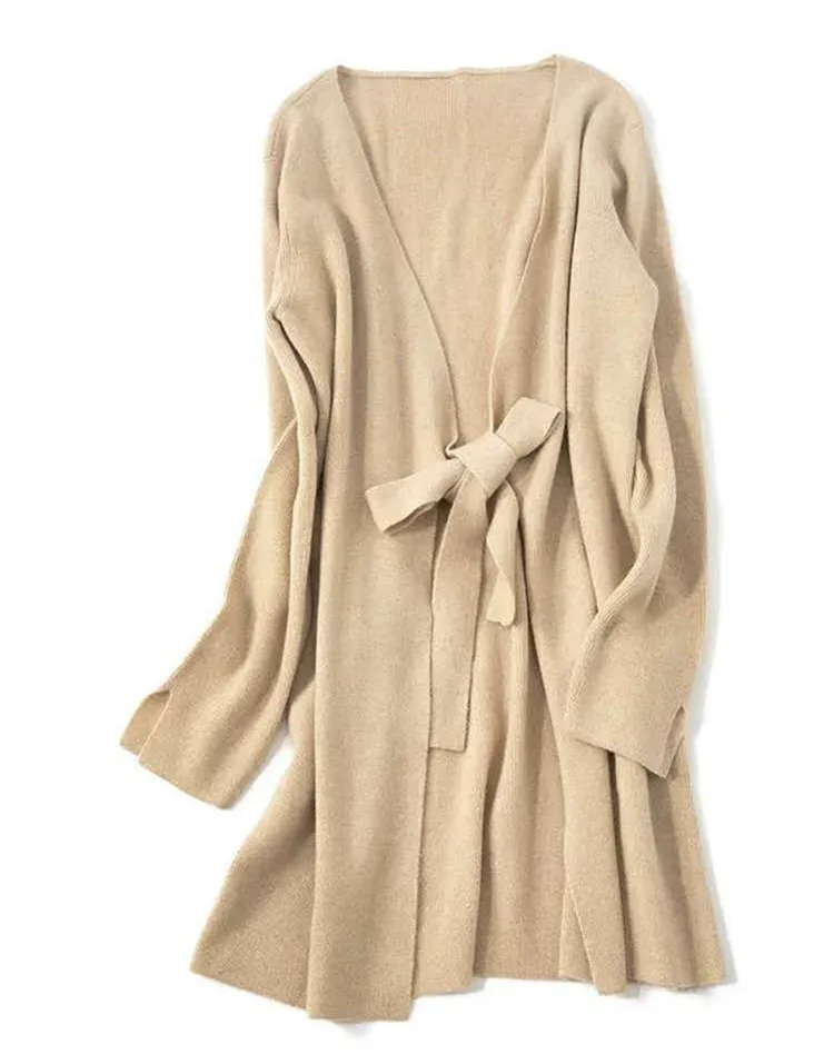 Fashion casual solid 100% Cashmere Knitted Long Sleeve Women Cardigan with blet girls clothing