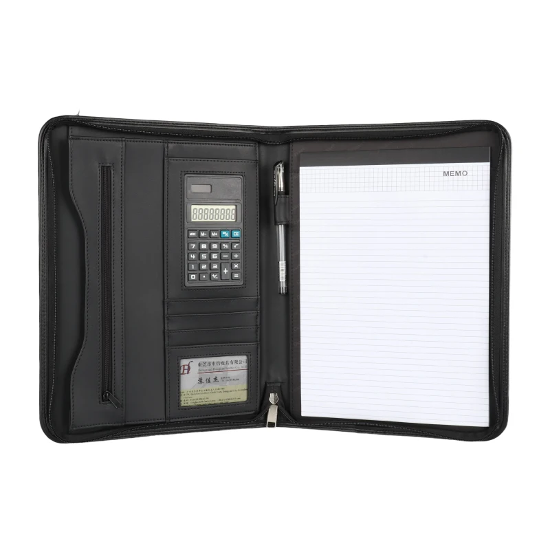 Zipper Document Padfolio Folder Black Business Zippered PU Leather A4 Documents Padfolio Portfolio Folder with Calculator