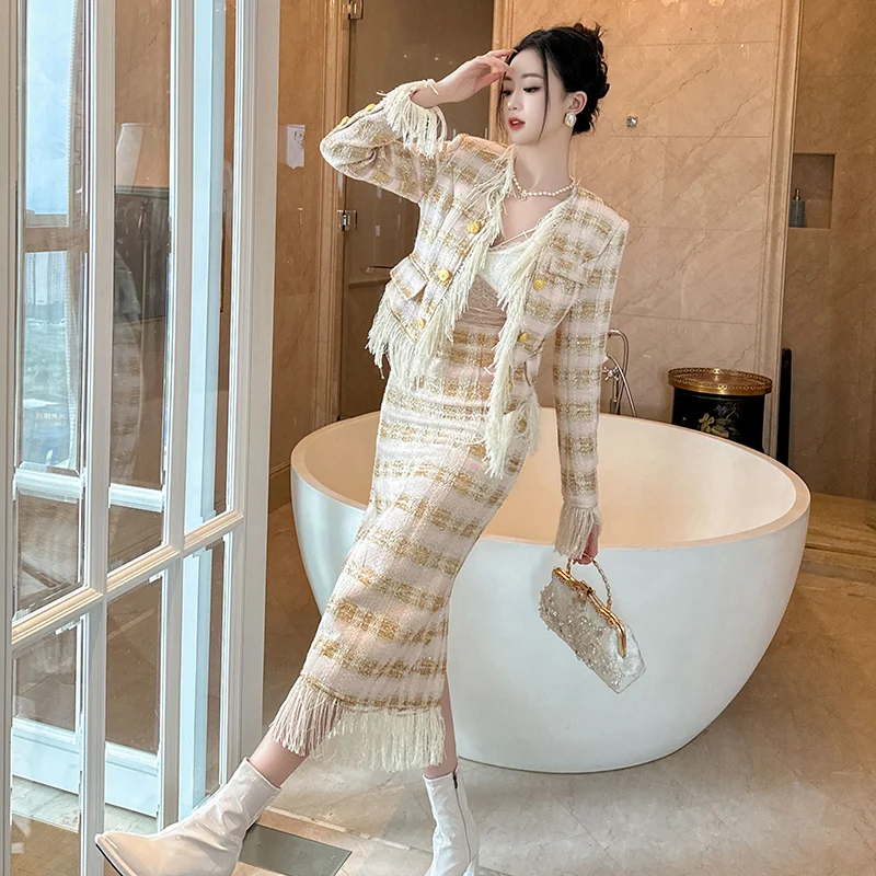 ZYHT 50679 Women Plaid Design Fringed Wool Tweed Two-piece Sets Spring Leisure Female Coat Jacket and Skirt Suit