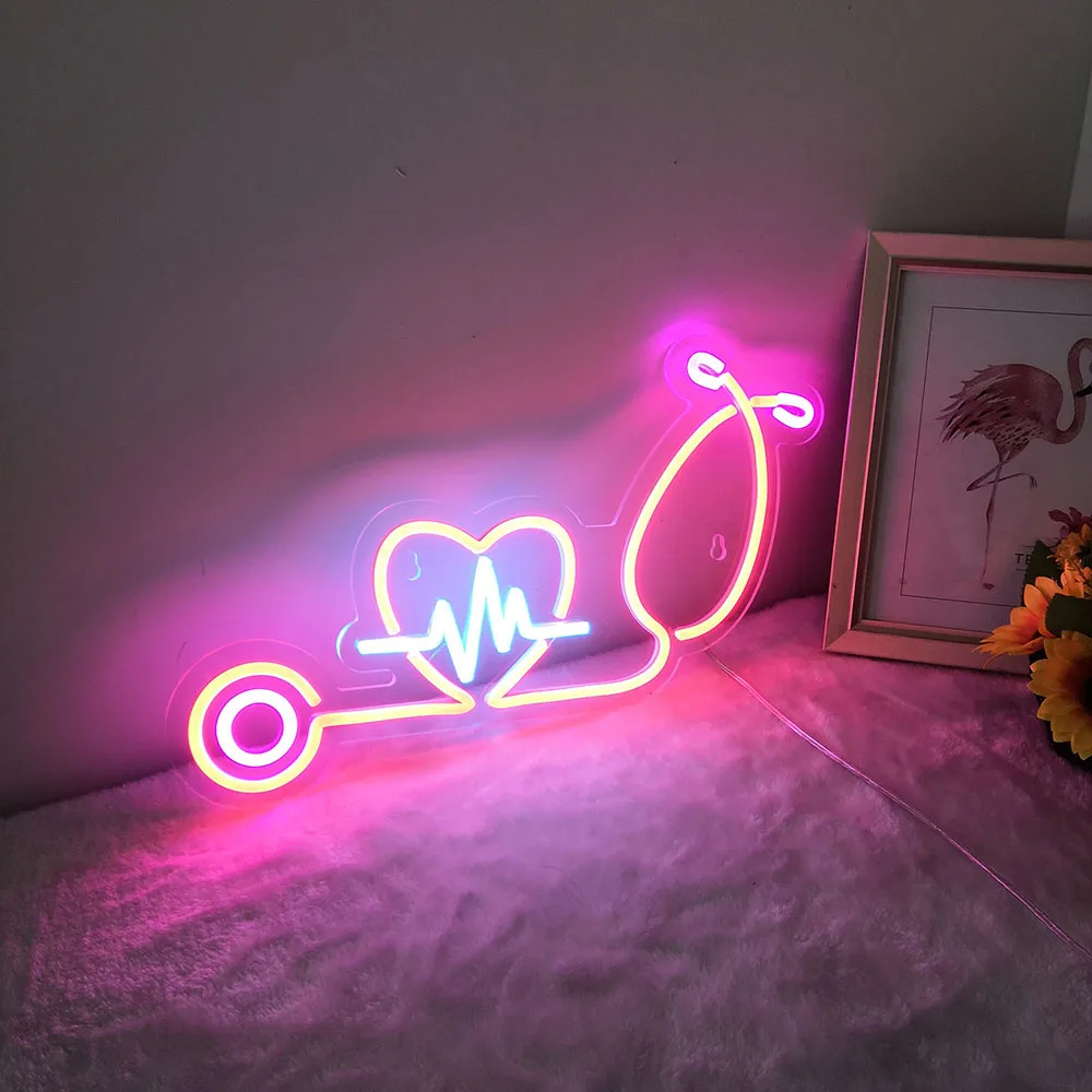 Listen to Your Heart Neon Sign For Home Decoration Custom drawing Stethoscope Heart Beat Sign Wall Art color neon sign heart