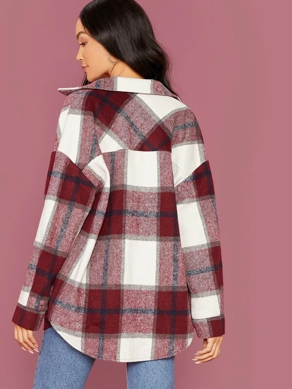 2022 ZY Wholesale Women Plaid Flap Pocket Overshirt Flannel Winter Coat Short Length Button Shirt Jacket