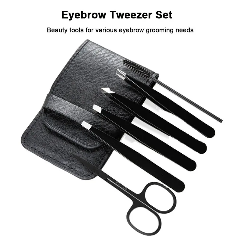 Hot Sale Eyebrow Trimmer Tweezers Set Curved Brow Scissors With Black PU Travel Case Eyelash Tweezer Kit