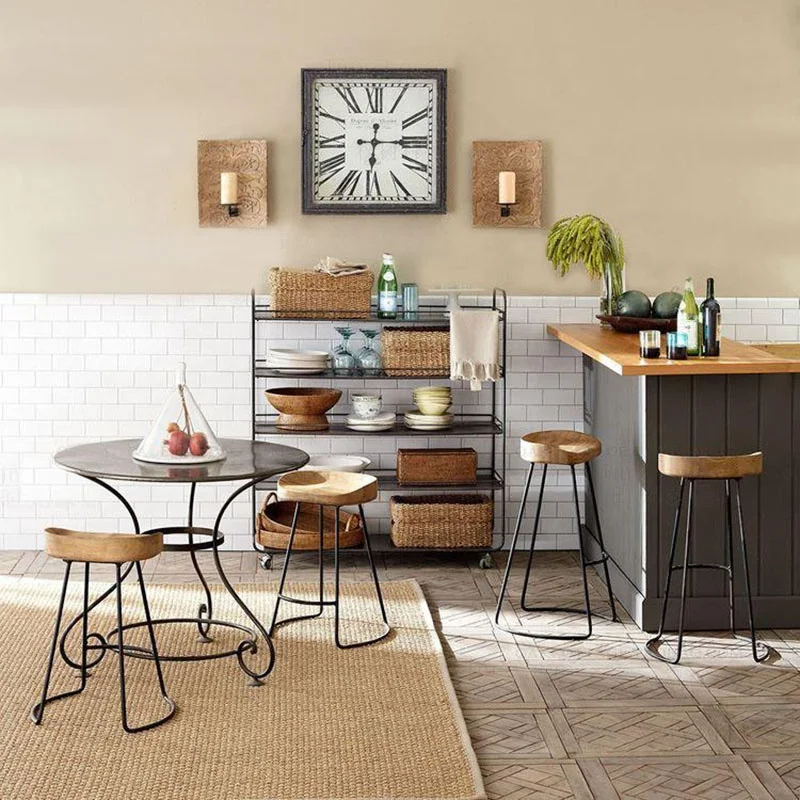 American Vintage Bar Stool With Wooden Seat