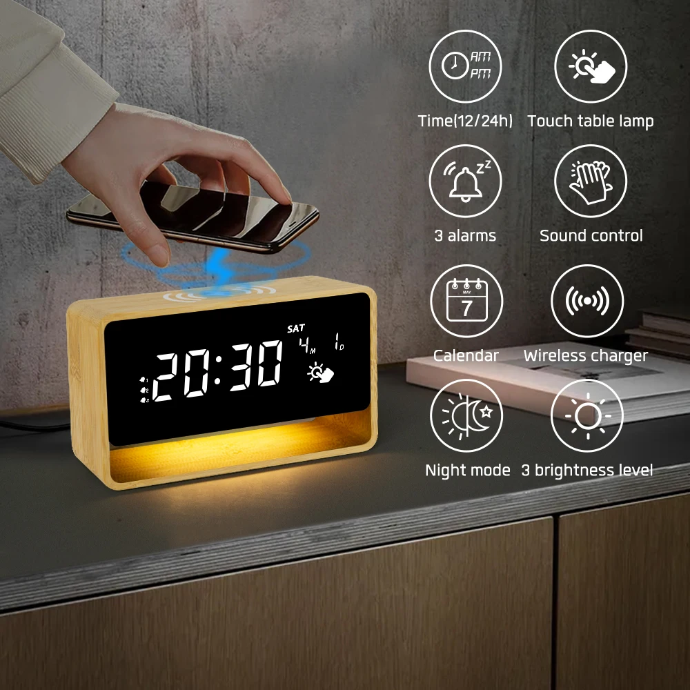 3 in 1 Dorm/Bedroom/Office Wireless Charging Lamp Calendar Display Digital Alarm Clock