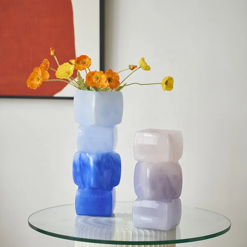 Bixuan Handblown Glass Vase Geometrical Cube Sugars Cream Colorful Home Decor Table Centerpieces Glass Flower Arrangement Vases