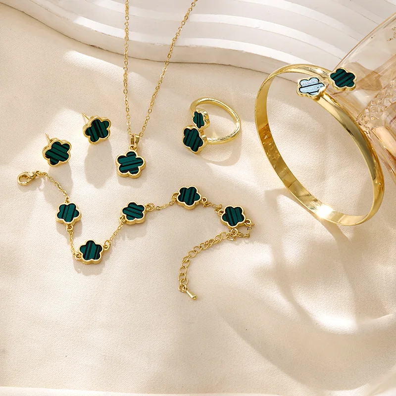 Wholesale Cheap Price Women Eternal Flower 5 Leaf Clover Flower Jewelry Set Gold Color Ring Earring Necklace Bracelet Set