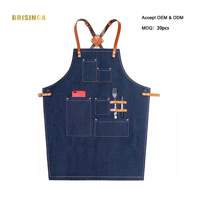 New blue black sexy kitchen apron with pockets jeans barista apron leather straps