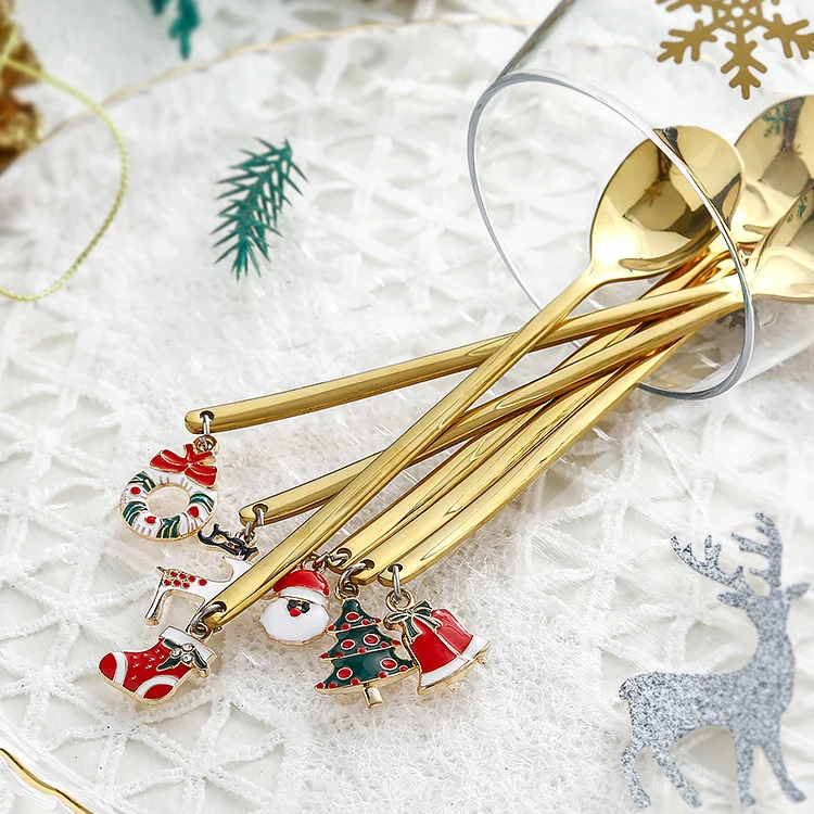 Metal Golden Plated Christmas Spoon Set Mirror Polished Stainless Steel Coffee Tea Dessert Spoons and Forks Gift Set Flatware