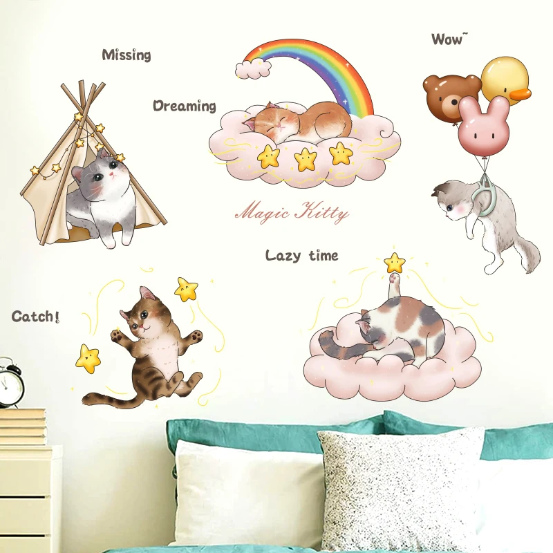 Cartoon magic kitty cute cat sticker Kids room rainbow wallpaper for baby room decoration