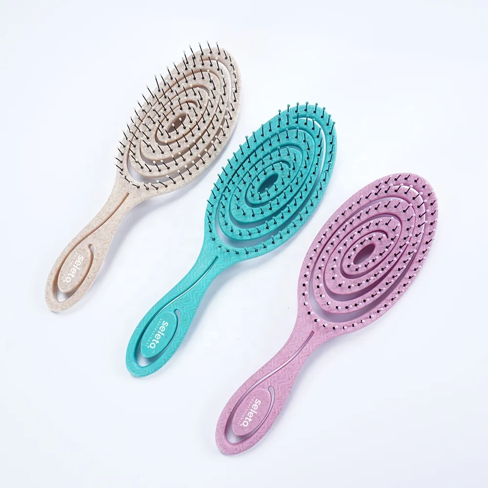 Eco Wheat Straw Recycled Hair Brush Biodegradable Circular Shape Vent Brush For Girls