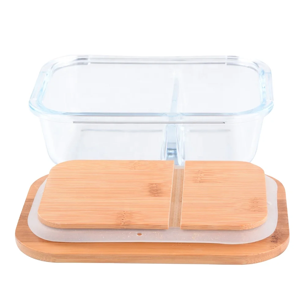 high Borosilicate 2 divider or 3 divider glass food storage container with bamboo lid