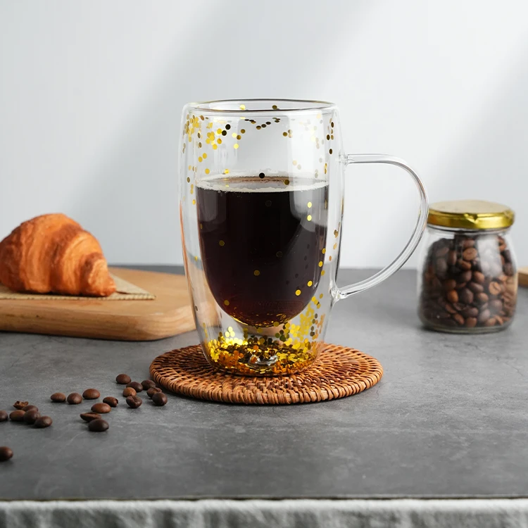 450ml double glass coffee cup Contains sequins  Ins Style Christmas Gift High Borosilicate Glass Mug Dried Flower Glass Cups