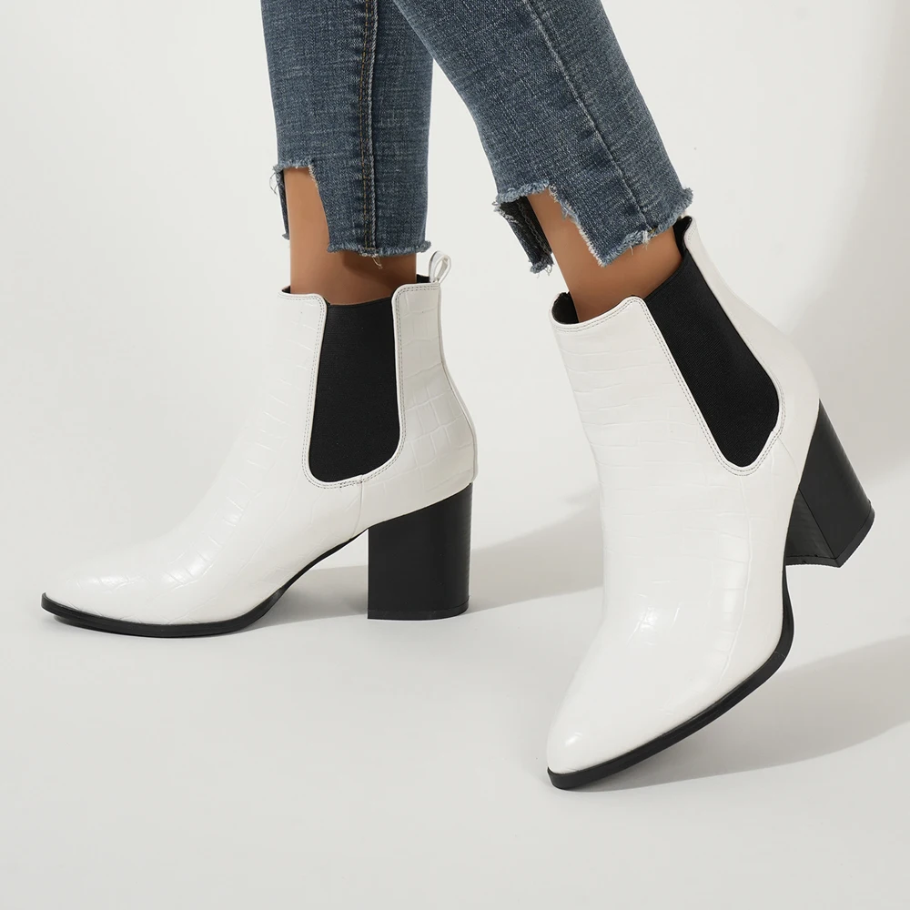 Spring white alligator PU leather thick heel ankle boots and naked boots a slip-on elastic Chelsea boots women