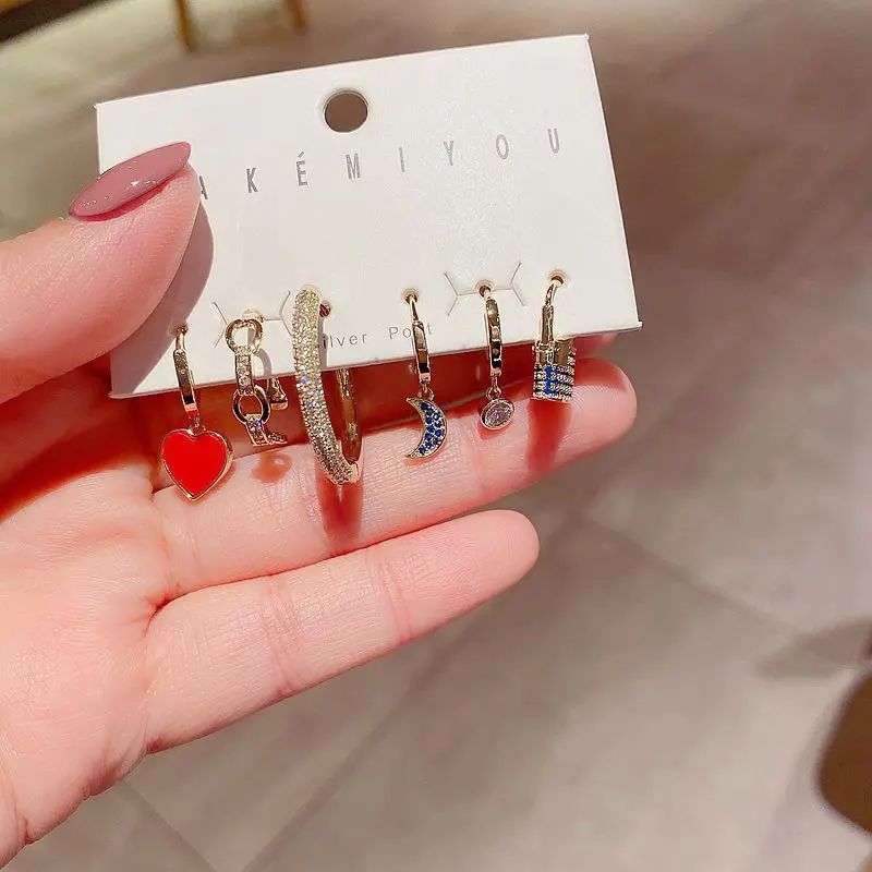 Korean earring set with Zircon Earrings and red heart blue diamond moon lock Earrings