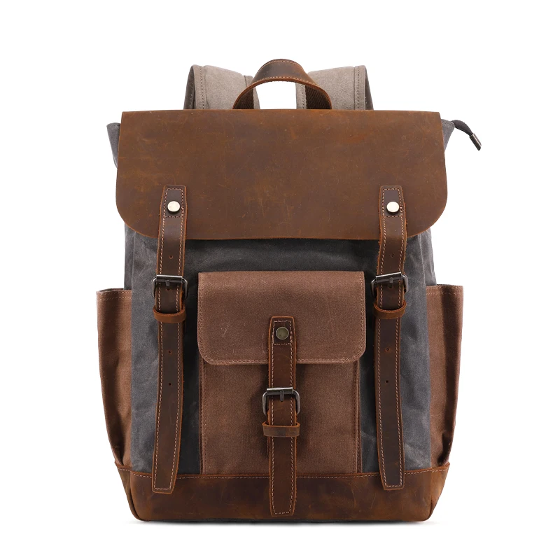 Vintage designer waxed canvas backpack genuine crazy horse leather trim water proof camping rucksack back pack backpack bag