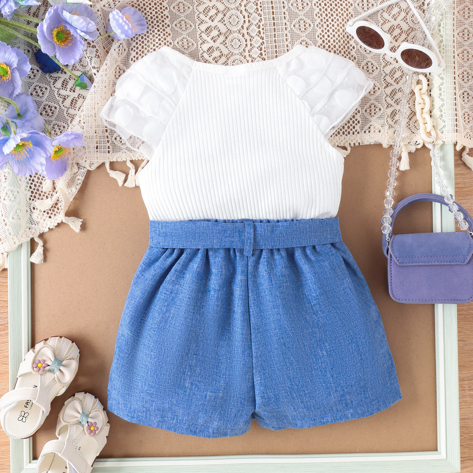Kids Wholesale Clothing New Fashion Lace Short Sleeve Top Solid Color Bow Skirt Baby Girls clothing sets