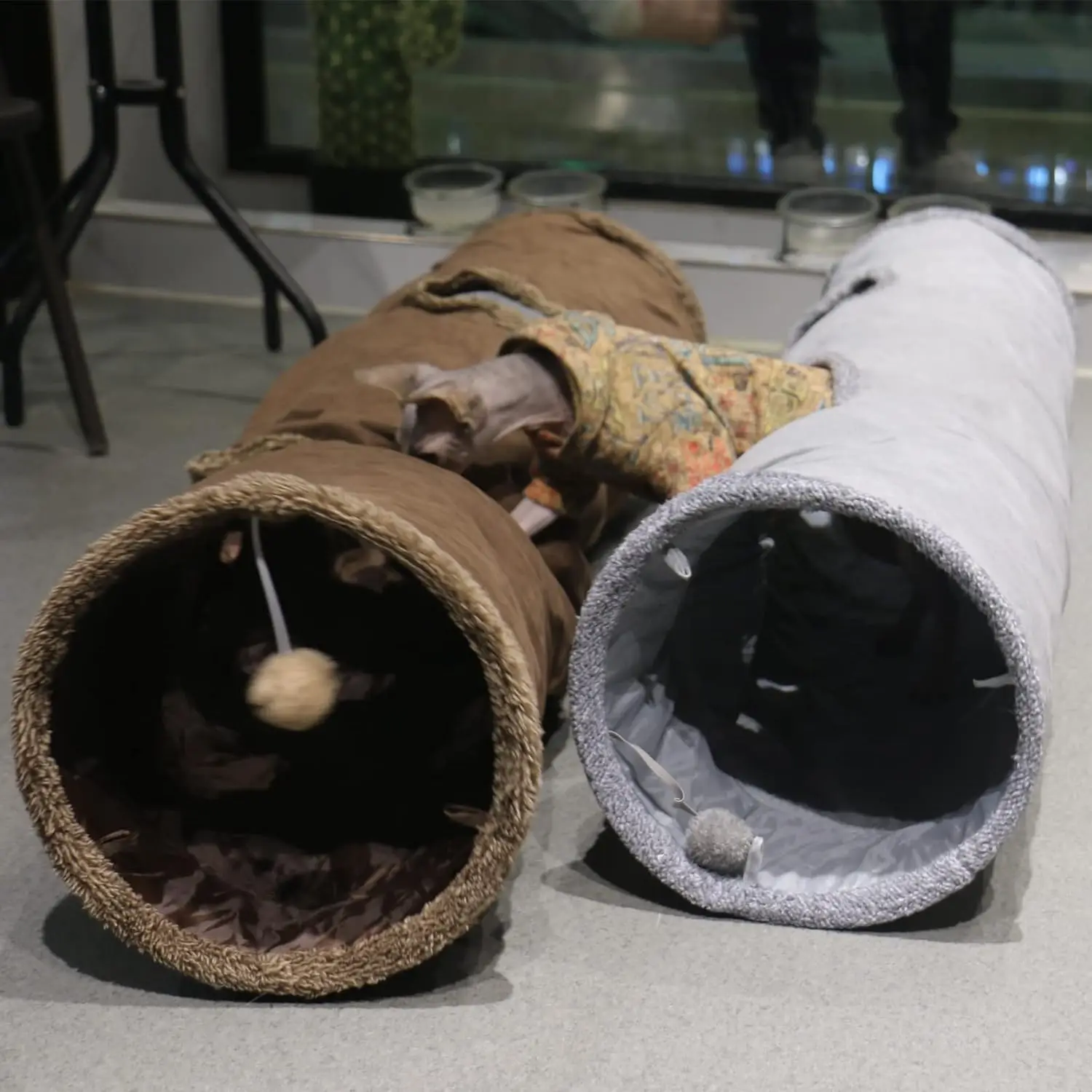 Cat Tunnel for Indoor Cats, 51* 12 inch Foldable Big Cat Tunnel, Grey Suede Pet Tunnels with Two Peepholes and a Bubble Ball