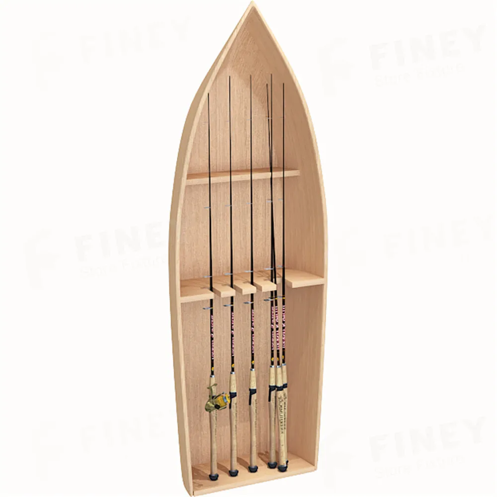 Modern Fishing Tackles Shop Interior Display Design Decoration Customized Wholesale Factory Price Wooden Fishing Rod Rack