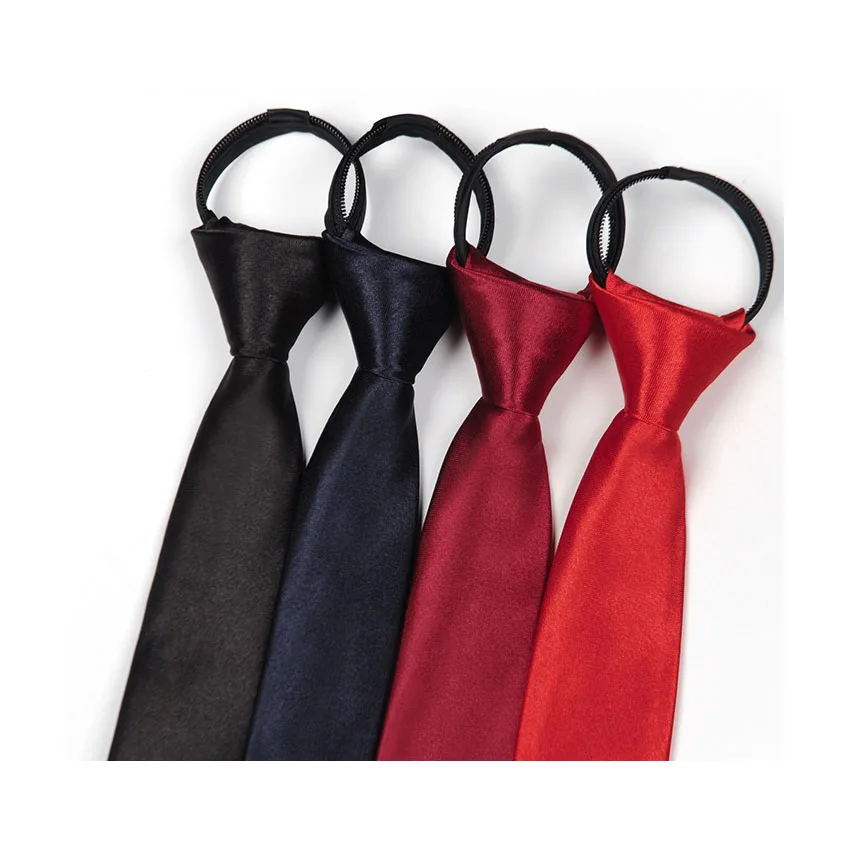 Lazy Tie Men Women Satin Solid Necktie Zipper Clips Black Easy Use Polyester Silk Wedding Party Staff Customize Cravatas Gravate