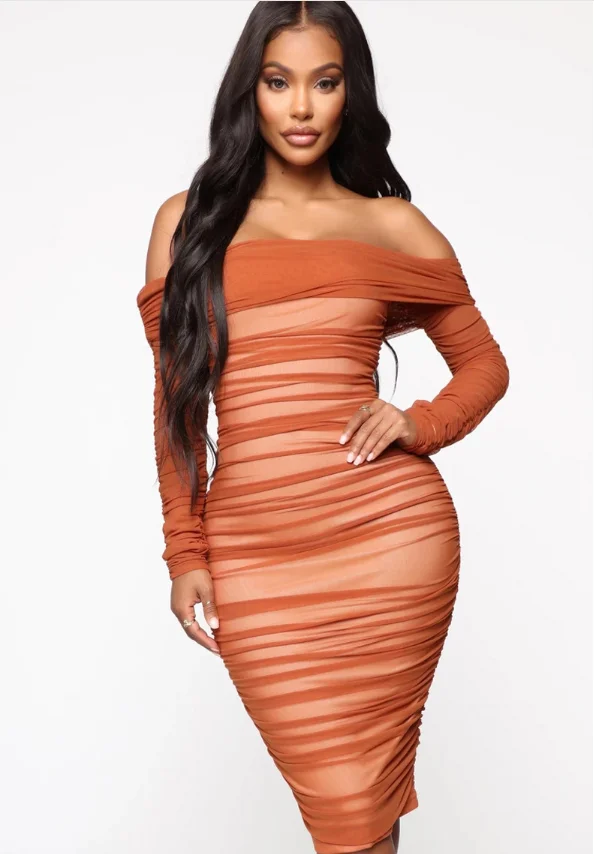 
Solid Color Folds Sexy Slim Party Long Sleeve Slit Off Shoulder Pleated Ladies Women Dress 
