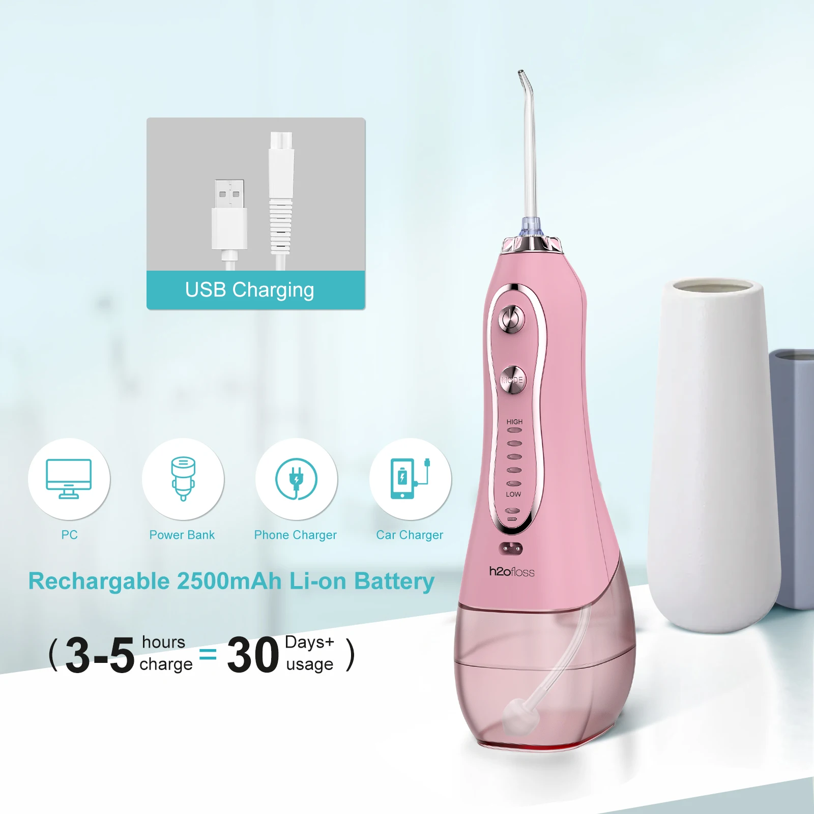 H2ofloss Factory OEM Water Dental Flosser Cordless Portable Dental WaterJet Rechargeable Electric Teeth Irrigator