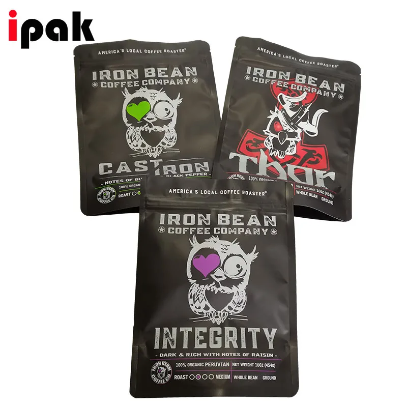 Custom printing coffee packaging pouch smell proof food packaging zip lock matte black stand up pouch bags