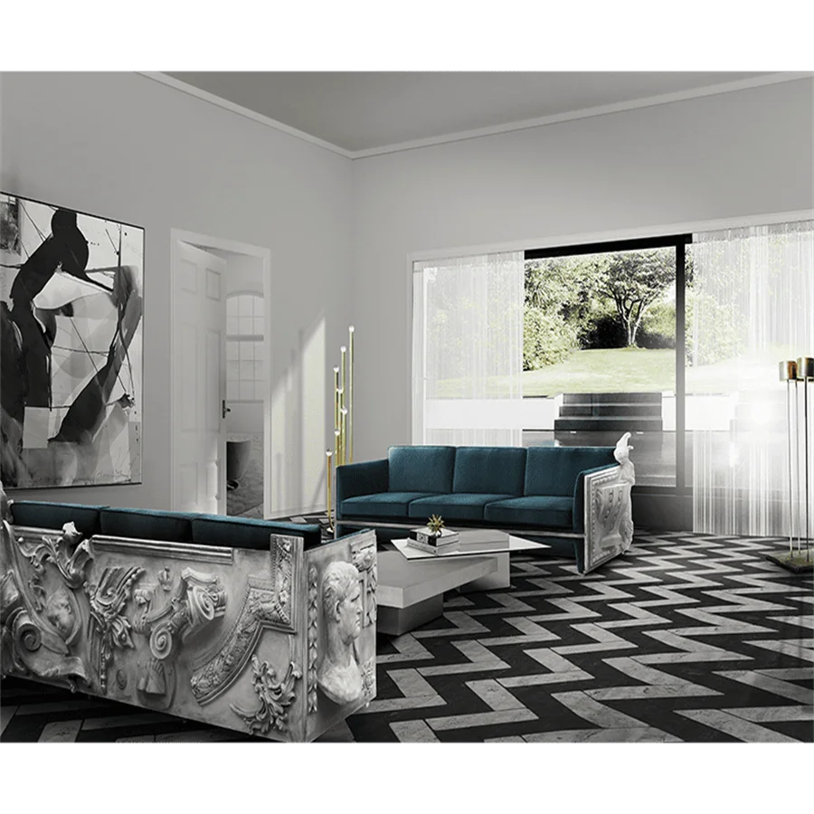 Atmospheric luxury velvet sofa blue carved living room sofa high-end exclusive luxury modern soft three-seat sofa set