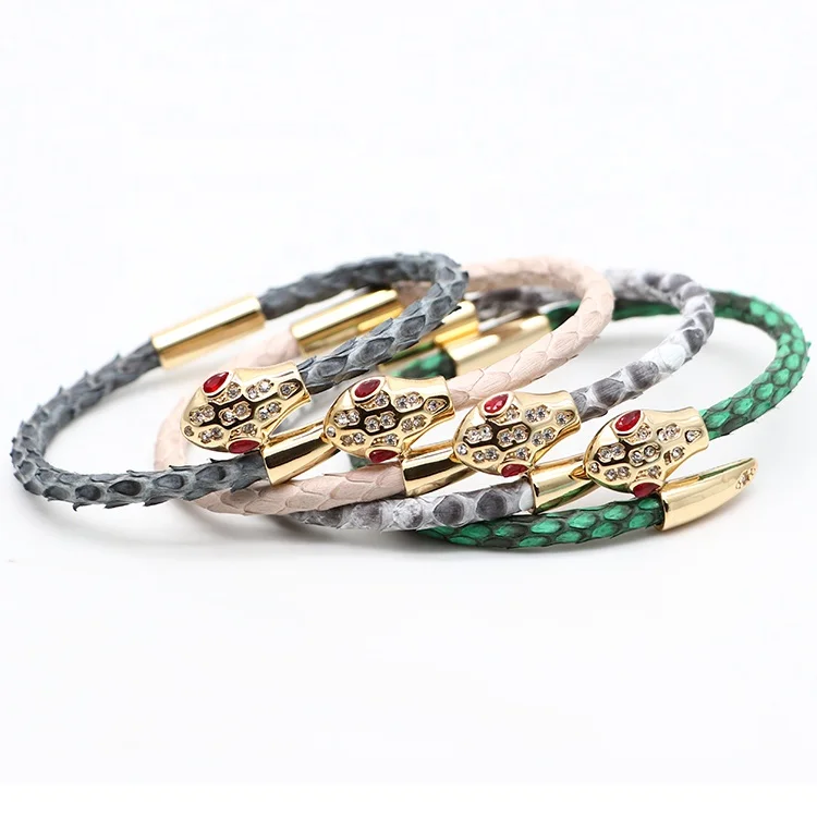 Wholesale Women Mens Jewelry Green Genuine Stingray Python Leather stainless steel snake head Bracelet