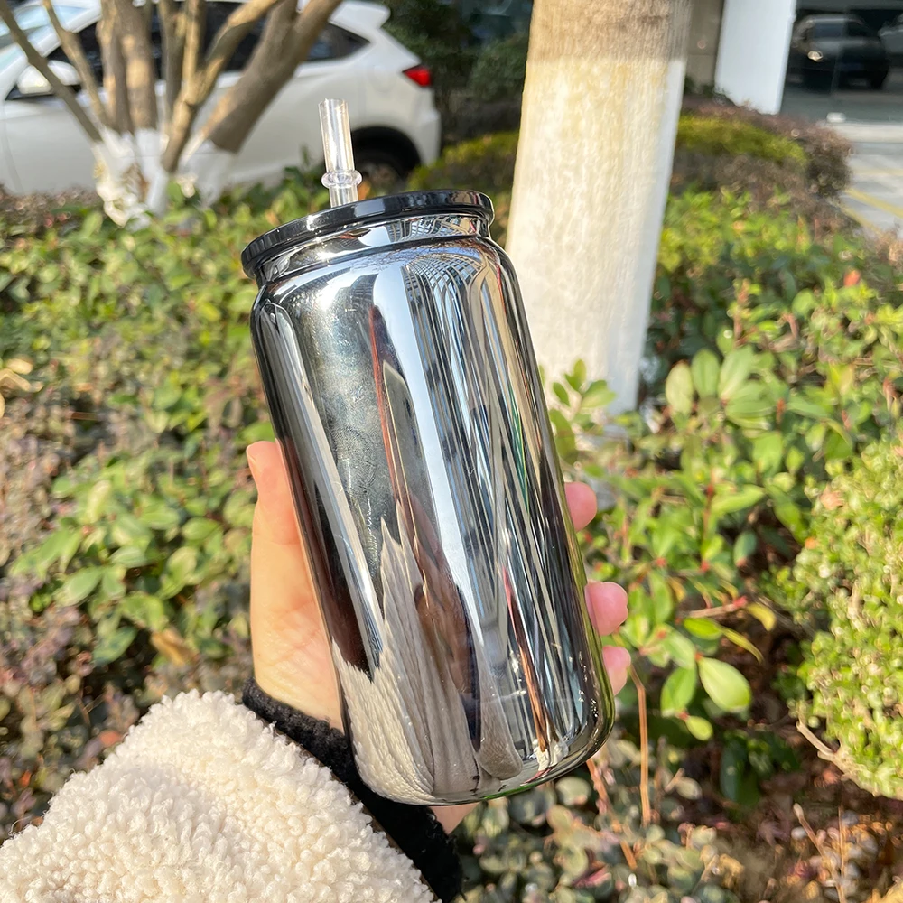 wholesale bulk 16oz metal mirror black plated drinking glass with colorful plastic lids borosilicate cold drink beer glasses