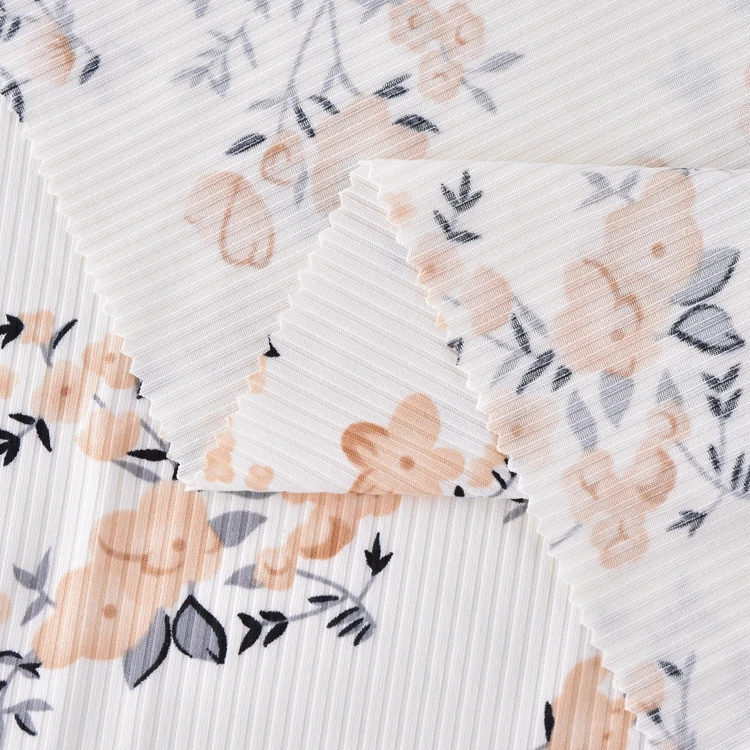 2023 New designed good quality flower printed brushed 4x2 rib fabric for women dress