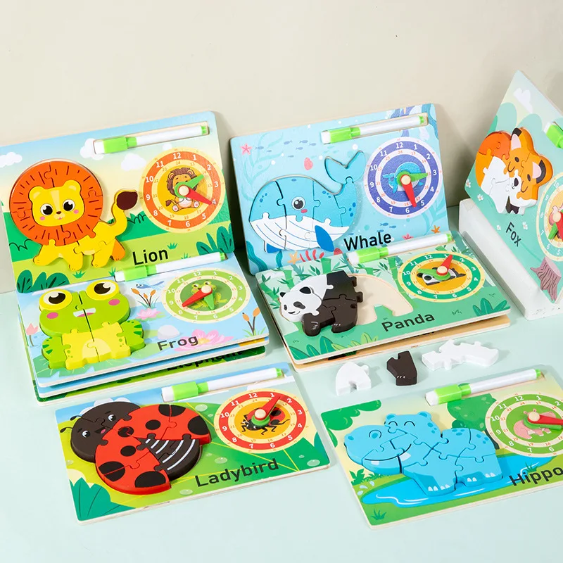 CPC CE  2 in one drawing Wood montessori Educational time learning jigsaw puzzle for toddler