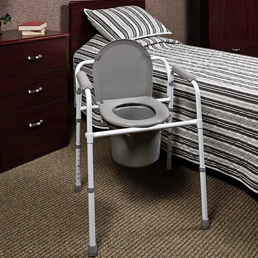 Commode Chair Fixed Arms Steel Back Bar, 3-in-1 Portable Bathroom Potty Chair for Adults