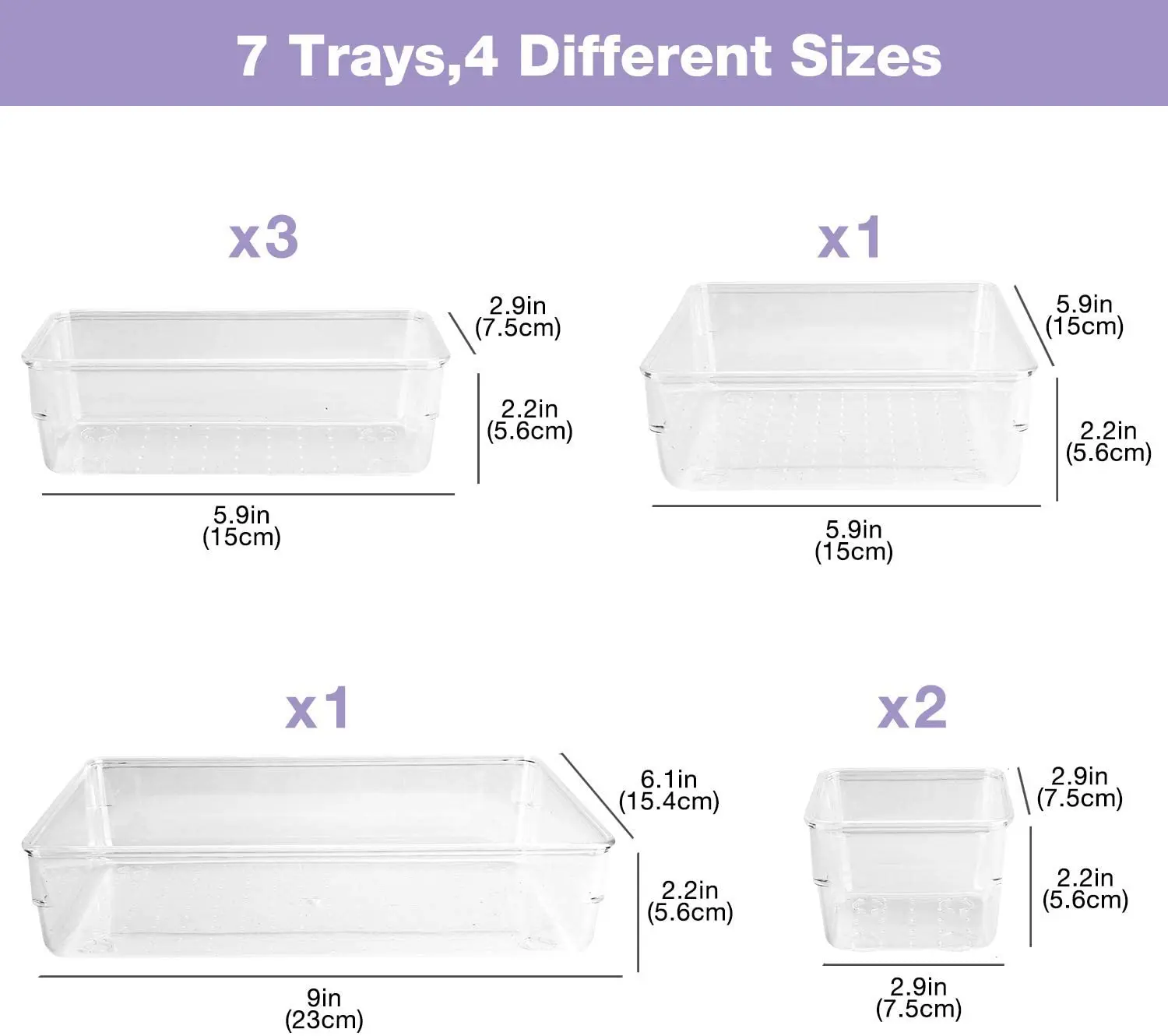 Set of 7 Clear Drawer Organiser Dividers 4-Size Clear Transparent Acrylic Plastic Makeup Organiser Tray Storage Boxes