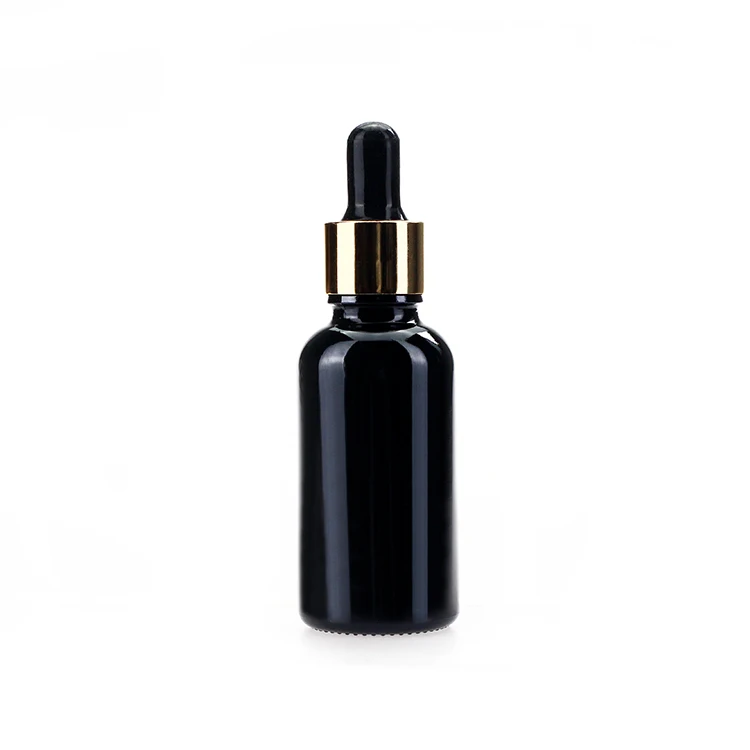 
30ml black glass dropper bottle essential oil european dropper glass bottles empty personal care packing plastic aluminum cap 