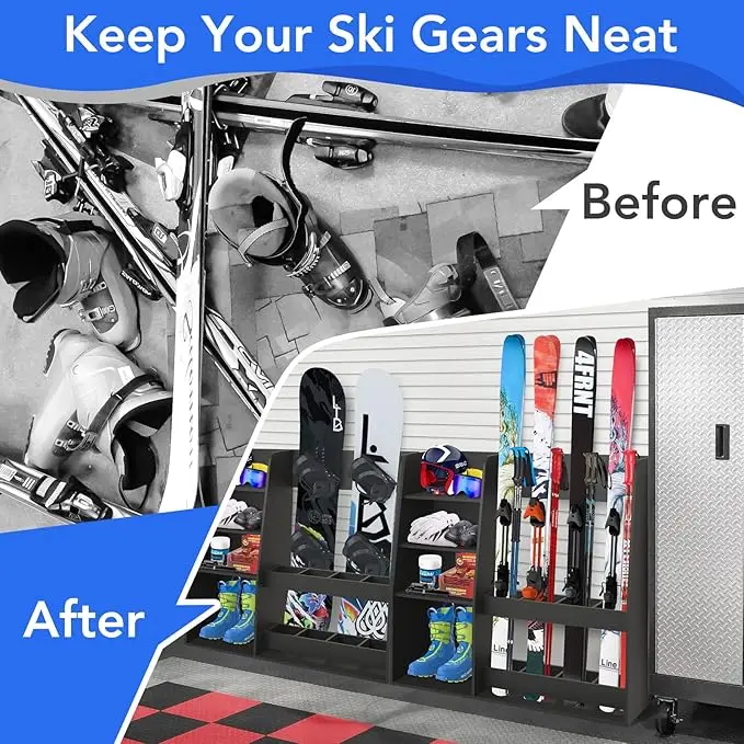 Ski Storage Rack Organizer Stand Holder Floor Mount Fits 4 Pairs of Skis and Multiple Skiing Equipment Accessories
