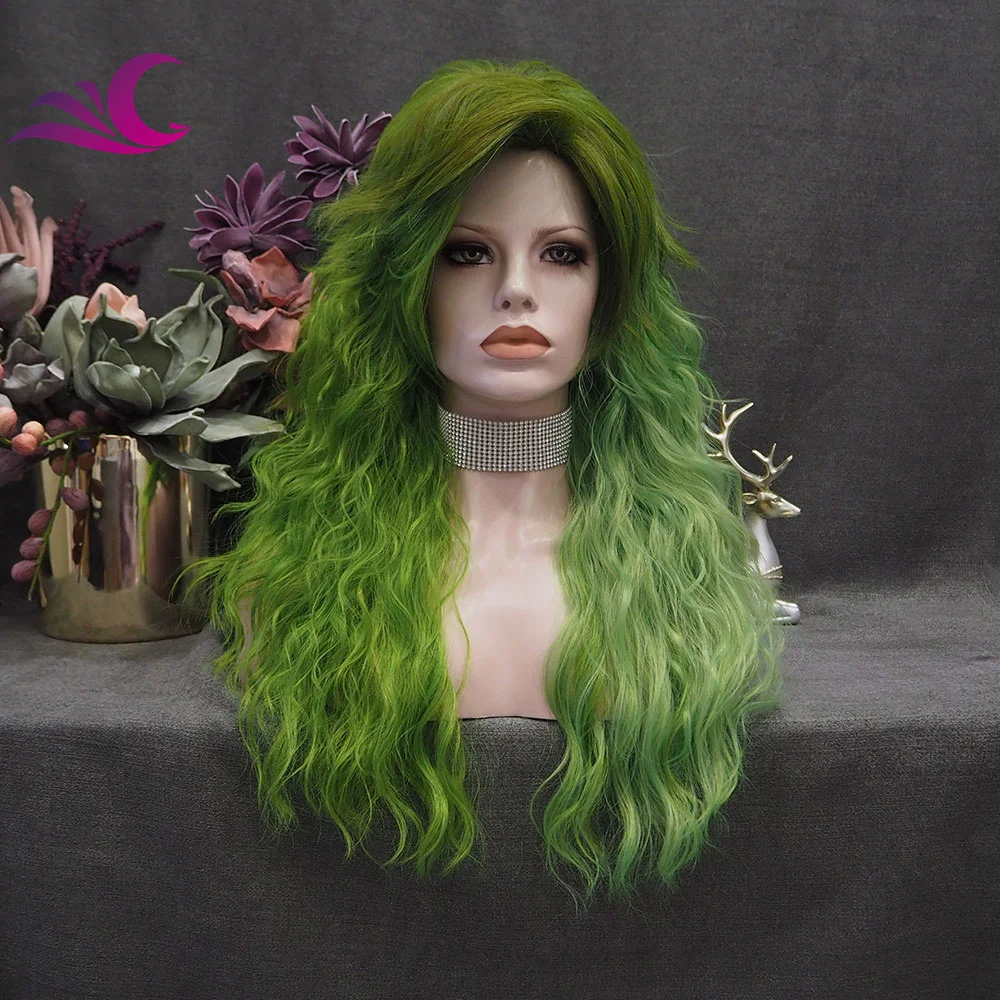 Celebrity Green Ombre Color Glueless Full Machine Wig Heat Resistant Fiber for Cosplay Drag Queen