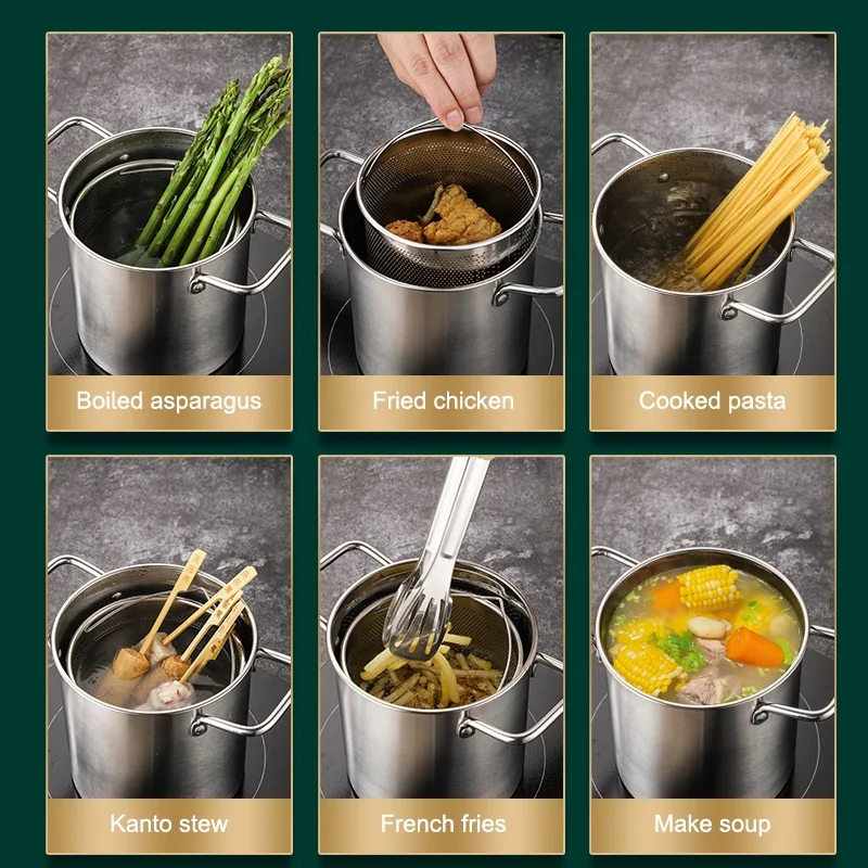 Fried chicken fryer pot french chip fries pasta strainer basket asparagus 304 steelnees steel fry tempura frying pot