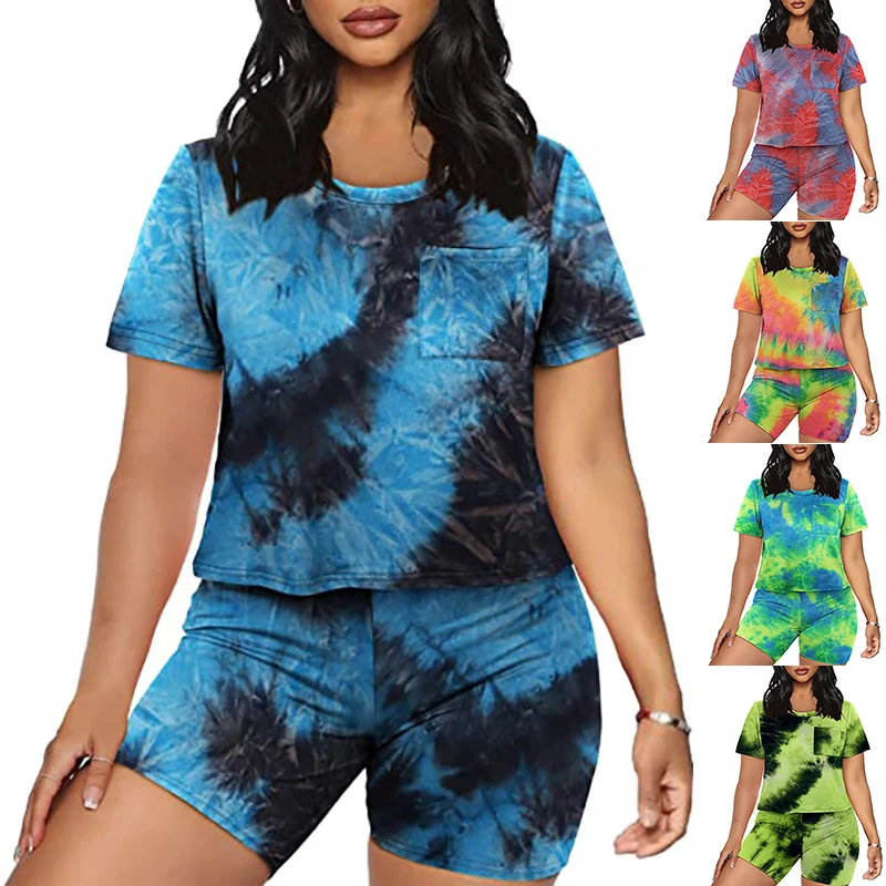 
2021 Summer Clothes Womens 2 Piece Short Set Tie Dye T Shirt and Shorts Caual Workout Sets Casual Athletic Clothing Sets 