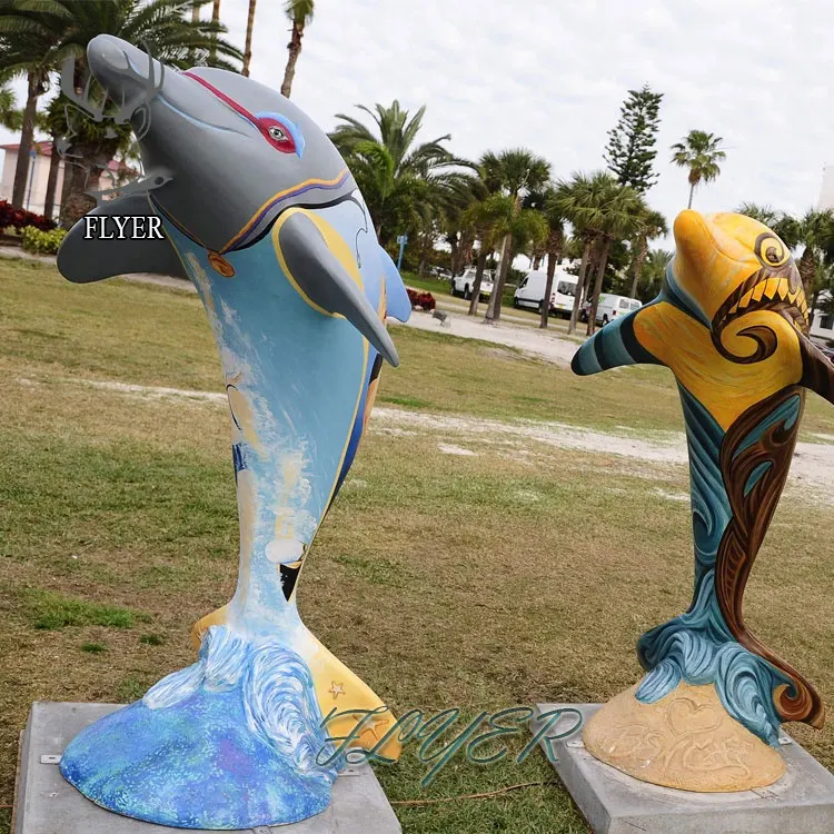 Outdoor waterworld water feature decoration art beautiful ocean animal statue fiberglass blue dolphin sculpture