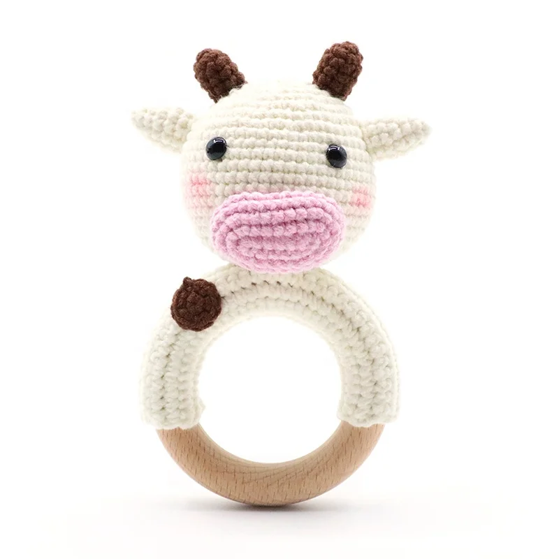 Милый вязаный бук деревянное кольцо Прорезыватель игрушка ребенок крючком погремушка