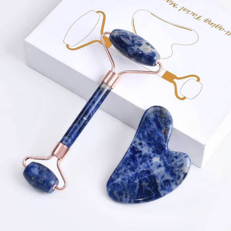 New Arrival Natural Blue Sodalite Stone Face Jade Roller And Gua Sha Set Facial Skin Tighten Guasha And Jade Roller