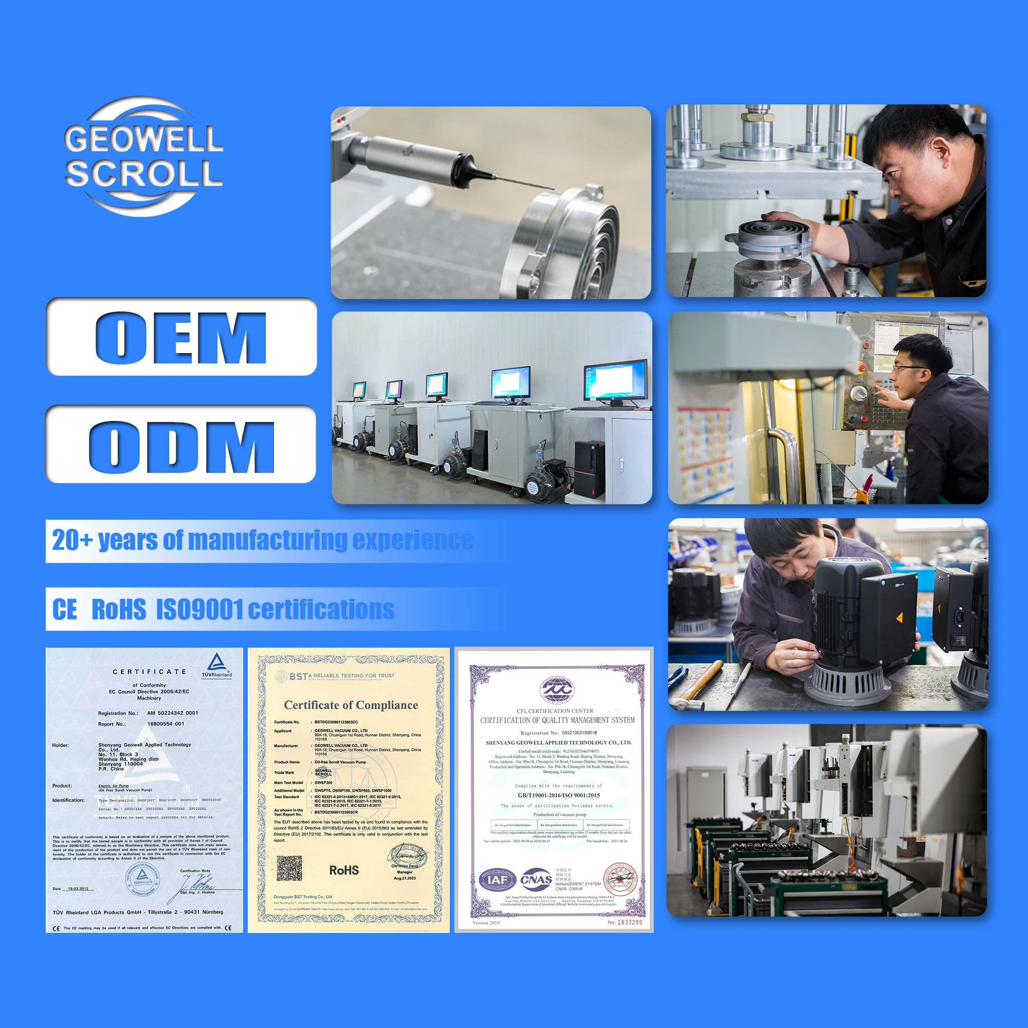 OEM&ODM 42.8cfm Oil free Vacuum Pump  GWSP1000  Electric Motor High Pressure Dry Scroll Vacuum Pump