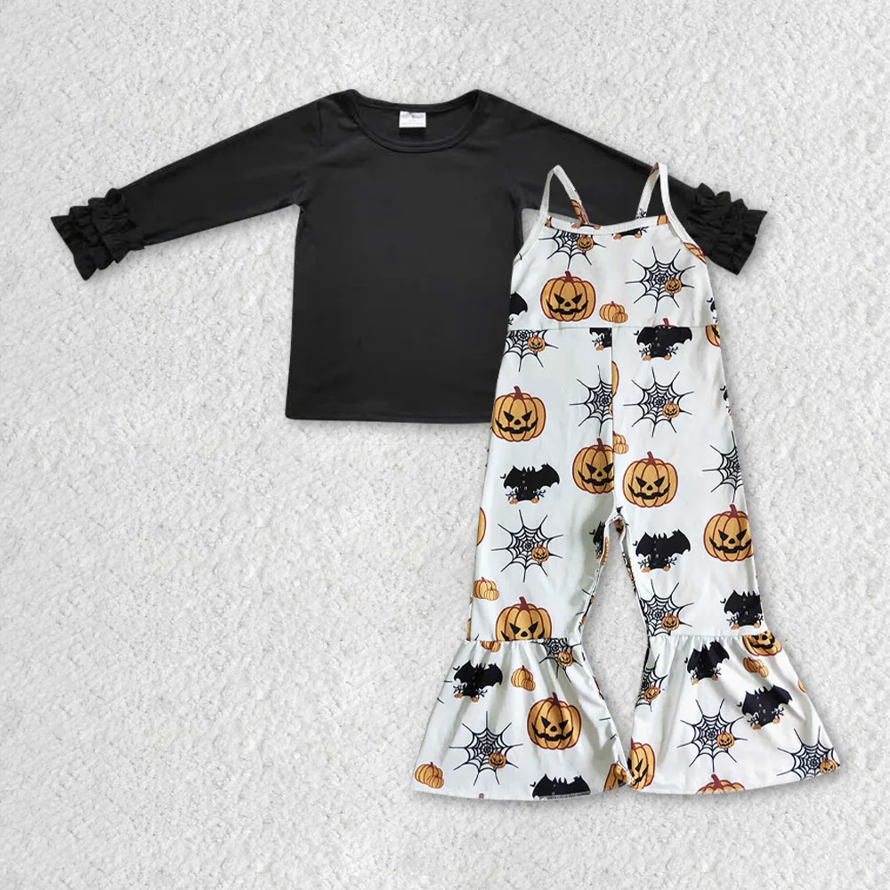 GLPO0464 Halloween children girls clothes Black Lace Cuffs Long Sleeve Pumpkin Bat Spider Web Printed bell bottom Strap Pants