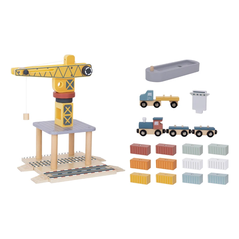 RTS Dock crane wooden toy, shipping container simulation transport playhouse toy, tower crane model toy with lifting function.