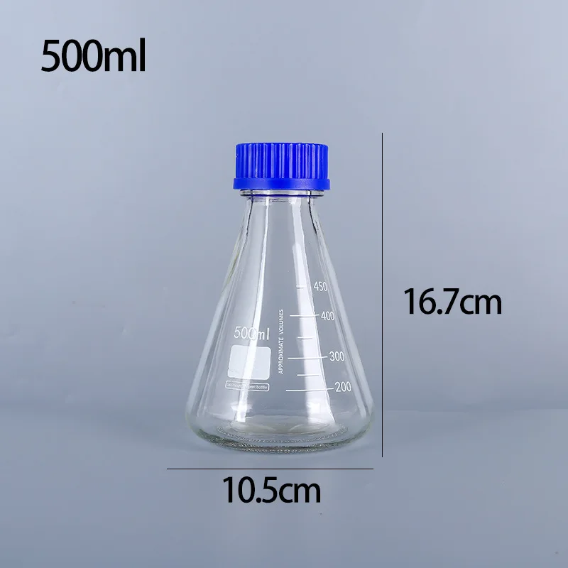 High quality 500ml 1000ml clear glass flat-bottomed conical laboratory flask 1L chemical reagent bottle with blue screw cap
