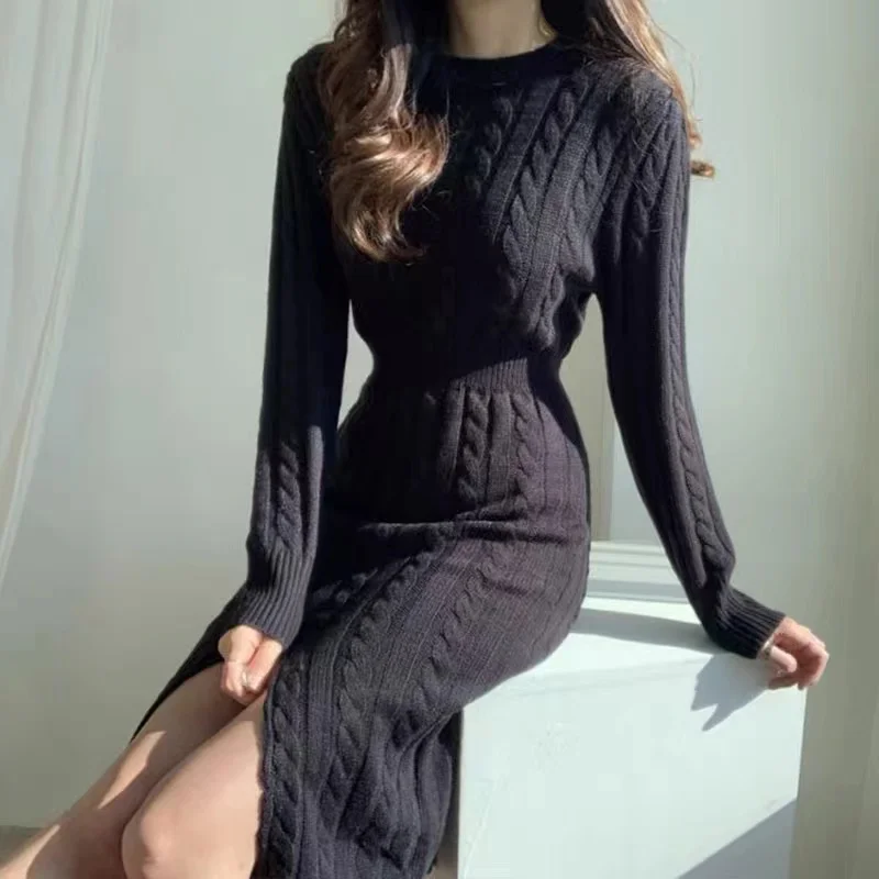 New design personality round neck linen pattern front and rear two-wear design split sweater dress women