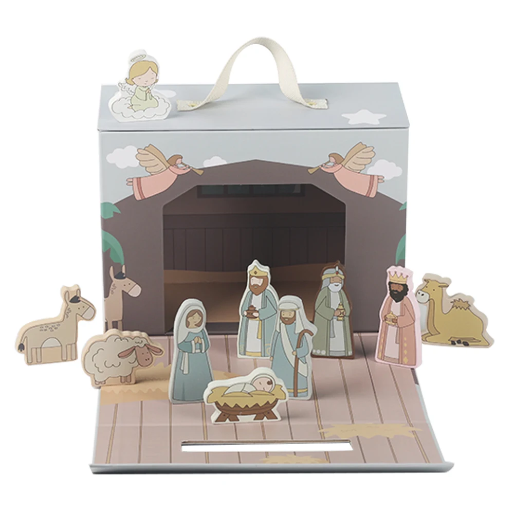 Montessori Children Role Playing Game Toys Wooden Nativity Scene Themed Blocks Themed Carton Set Toys