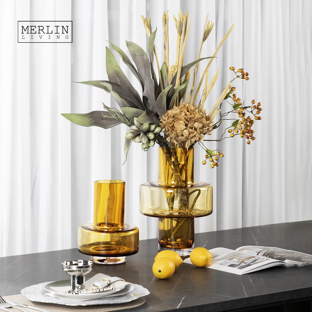 Стеклянная ваза Merlin с витражом в скандинавском стиле, стеклянная ваза-цилиндр янтарной резки для украшения ВАЗ